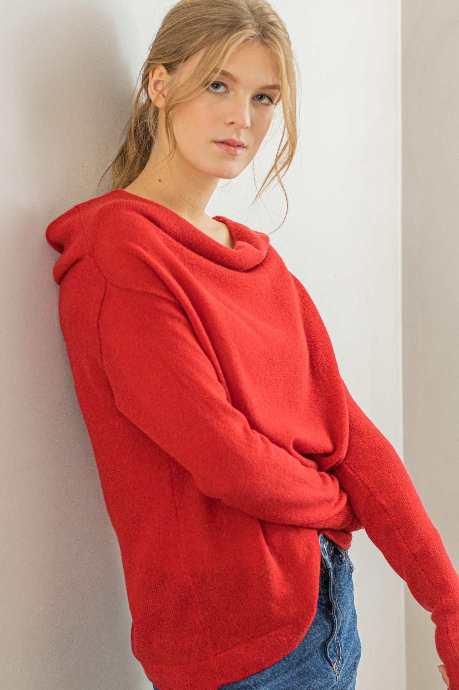 Roter AGNES-Cashmere-Pullover mit schulterfreiem Schnitt und drapiertem Kragen